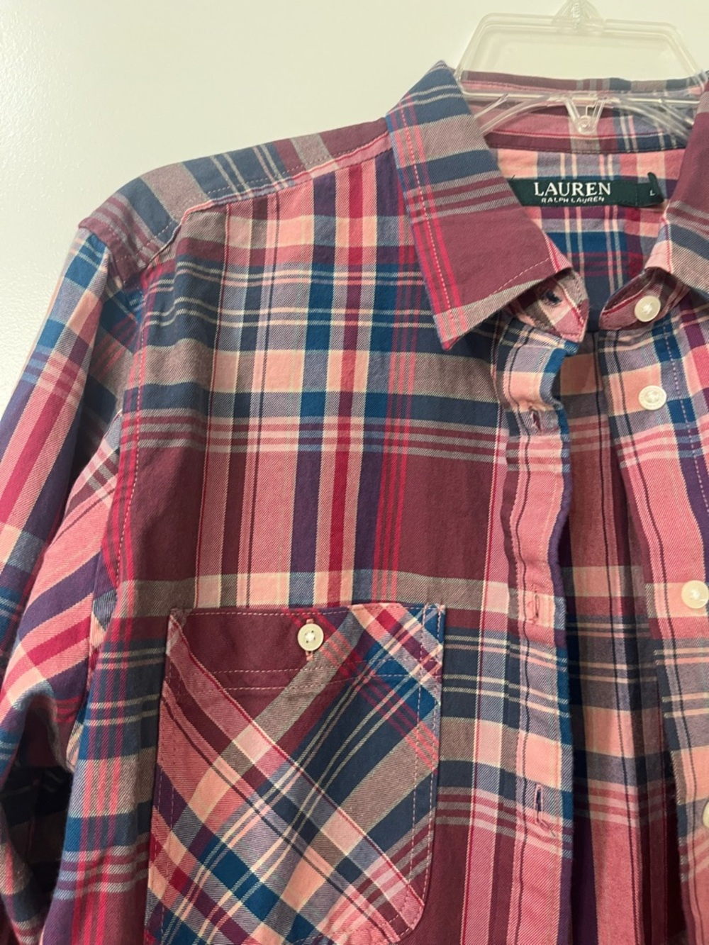 Lauren Ralph Lauren Pink Plaid Button-Down Shirt Long Sleeves Womens Large - Picture 7 of 11